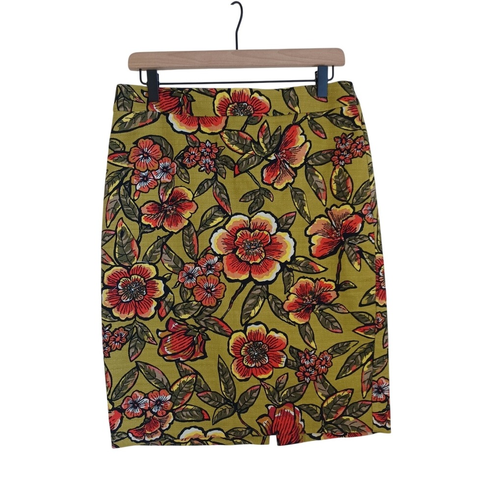 Ann Taylor Loft Womens 8 Floral Pencil Skirt Olive Green Orange Textured‎ Cotton